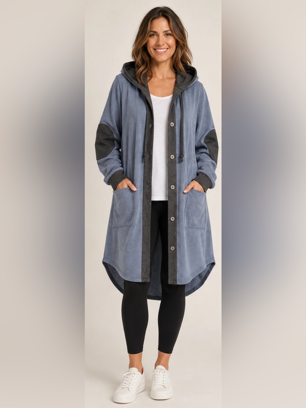 Free People Hooded Longline Jacket Cardigan Steel Blue Colorblock Elbow Patch M